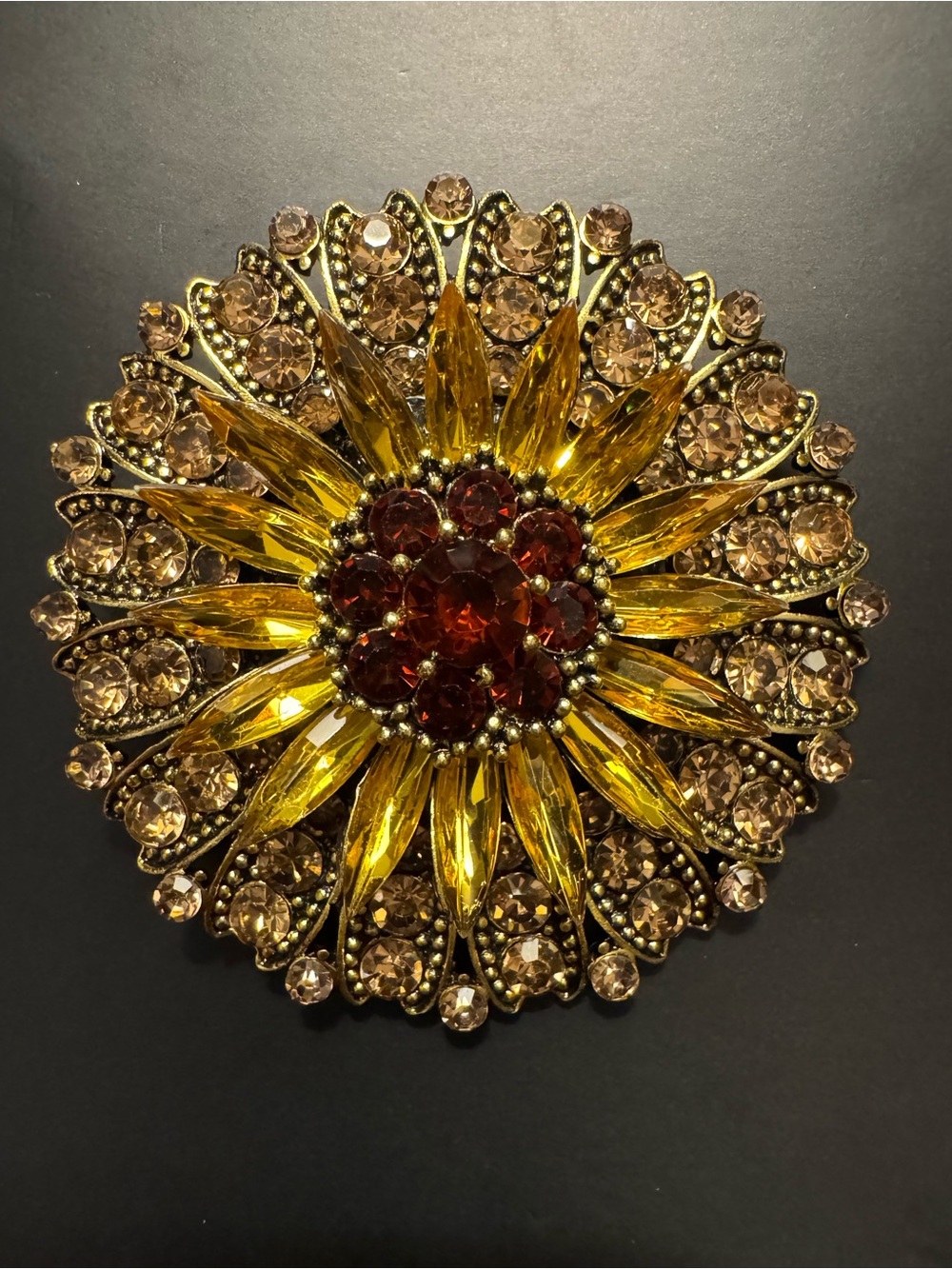 Vintage Autumn Sunflower Rhinestone Brooch